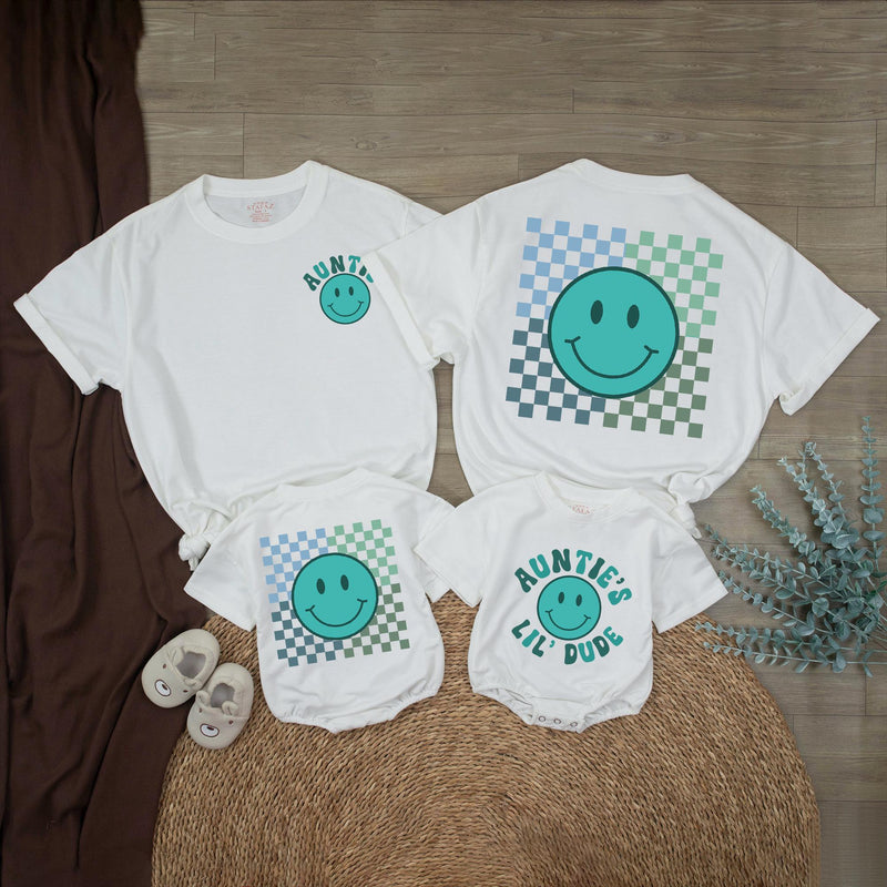 Auntie’s Lil Dude Baby Romper with Retro Teal Smiley Face Checkered Pattern Matching Auntie Shirt Family Outfit Cute Gift Idea Cotton