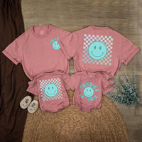 Auntie’s Lil Dude Baby Romper with Retro Teal Smiley Face Checkered Pattern Matching Auntie Shirt Family Outfit Cute Gift Idea Cotton