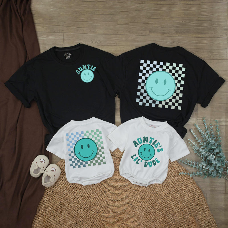 Auntie’s Lil Dude Baby Romper with Retro Teal Smiley Face Checkered Pattern Matching Auntie Shirt Family Outfit Cute Gift Idea Cotton