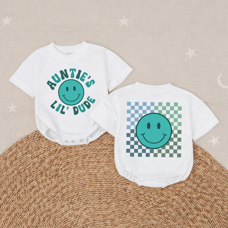 Auntie’s Lil Dude Baby Romper with Retro Teal Smiley Face Checkered Pattern Matching Auntie Shirt Family Outfit Cute Gift Idea Cotton