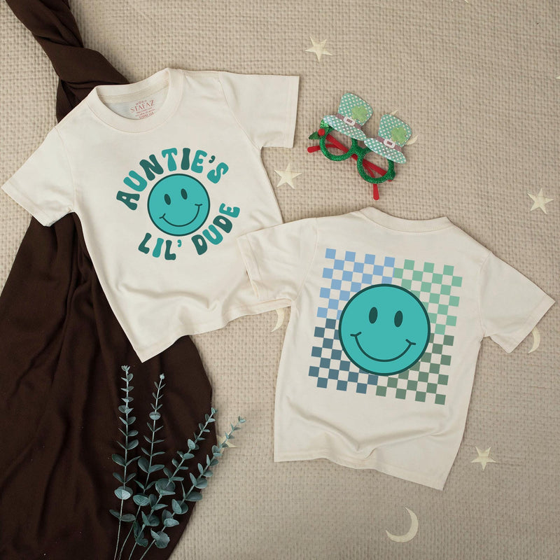 Auntie’s Lil Dude Baby Romper with Retro Teal Smiley Face Checkered Pattern Matching Auntie Shirt Family Outfit Cute Gift Idea Cotton