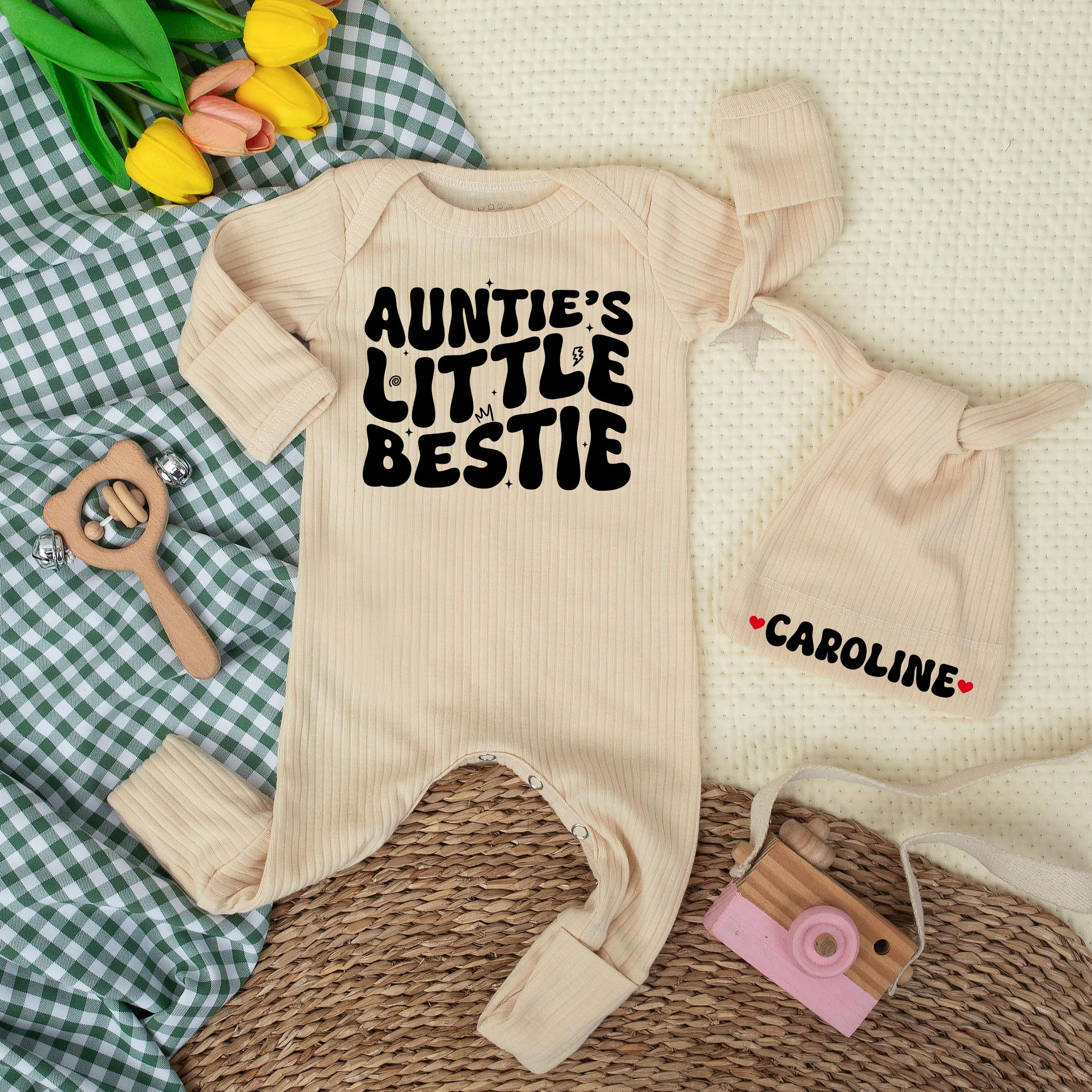 Auntie's Little Bestie Baby Bodysuit Custom Newborn Outfit with Name Hat, Cute Gender Neutral Romper Shower Gift for Infant or Toddler