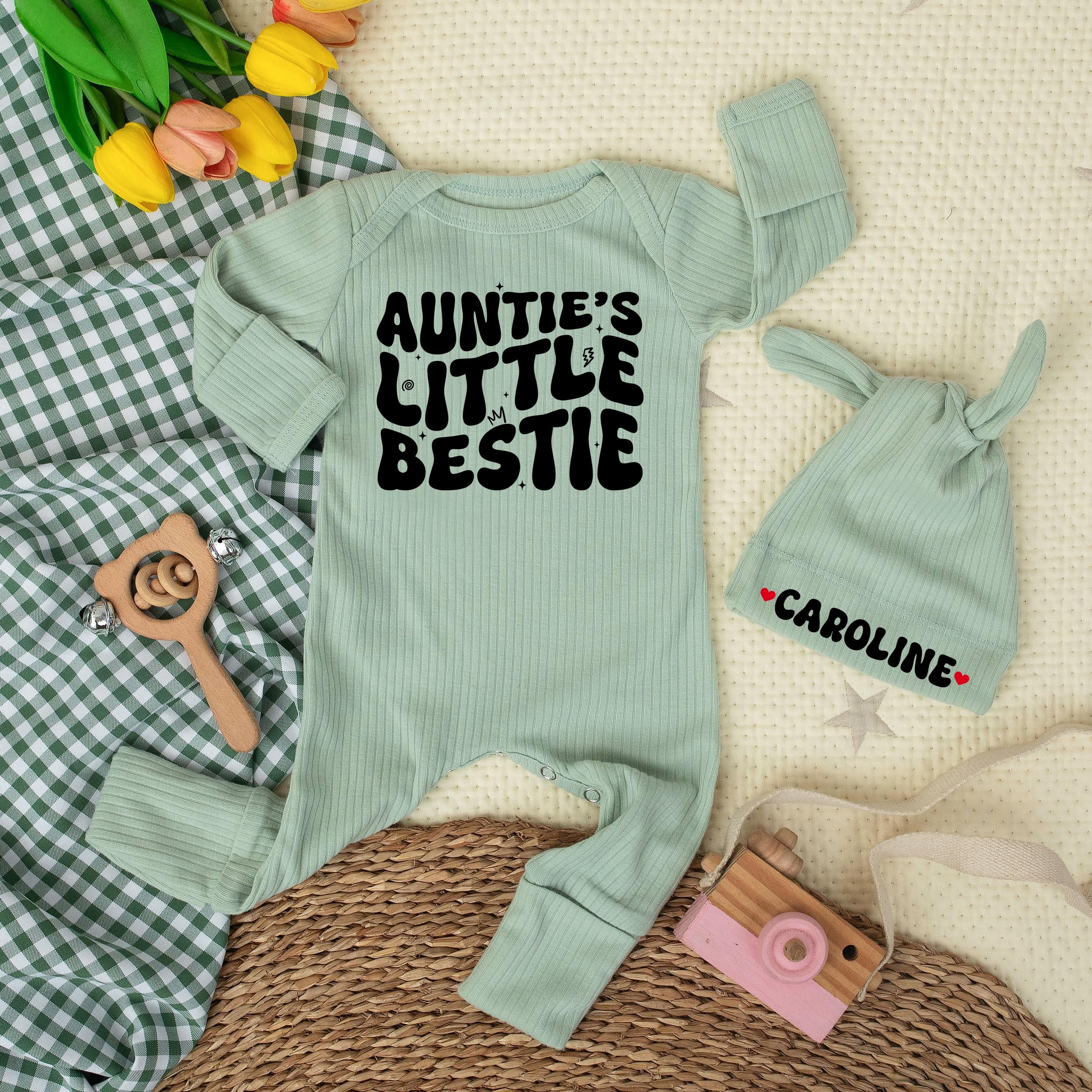 Auntie's Little Bestie Baby Bodysuit Custom Newborn Outfit with Name Hat, Cute Gender Neutral Romper Shower Gift for Infant or Toddler