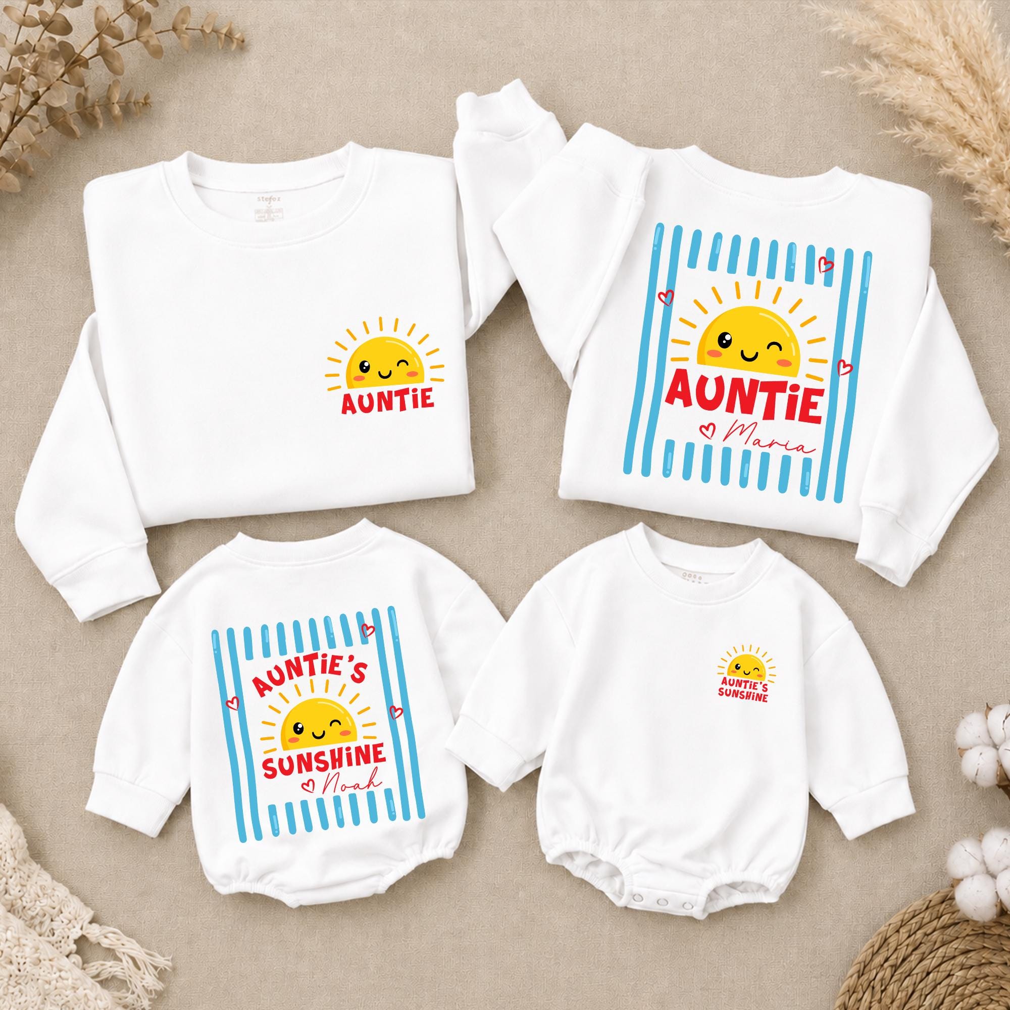 Auntie's Sunshine Matching Sweatshirt and Baby Romper Set with Custom Name, Cute Family Outfit for Aunt and Niece