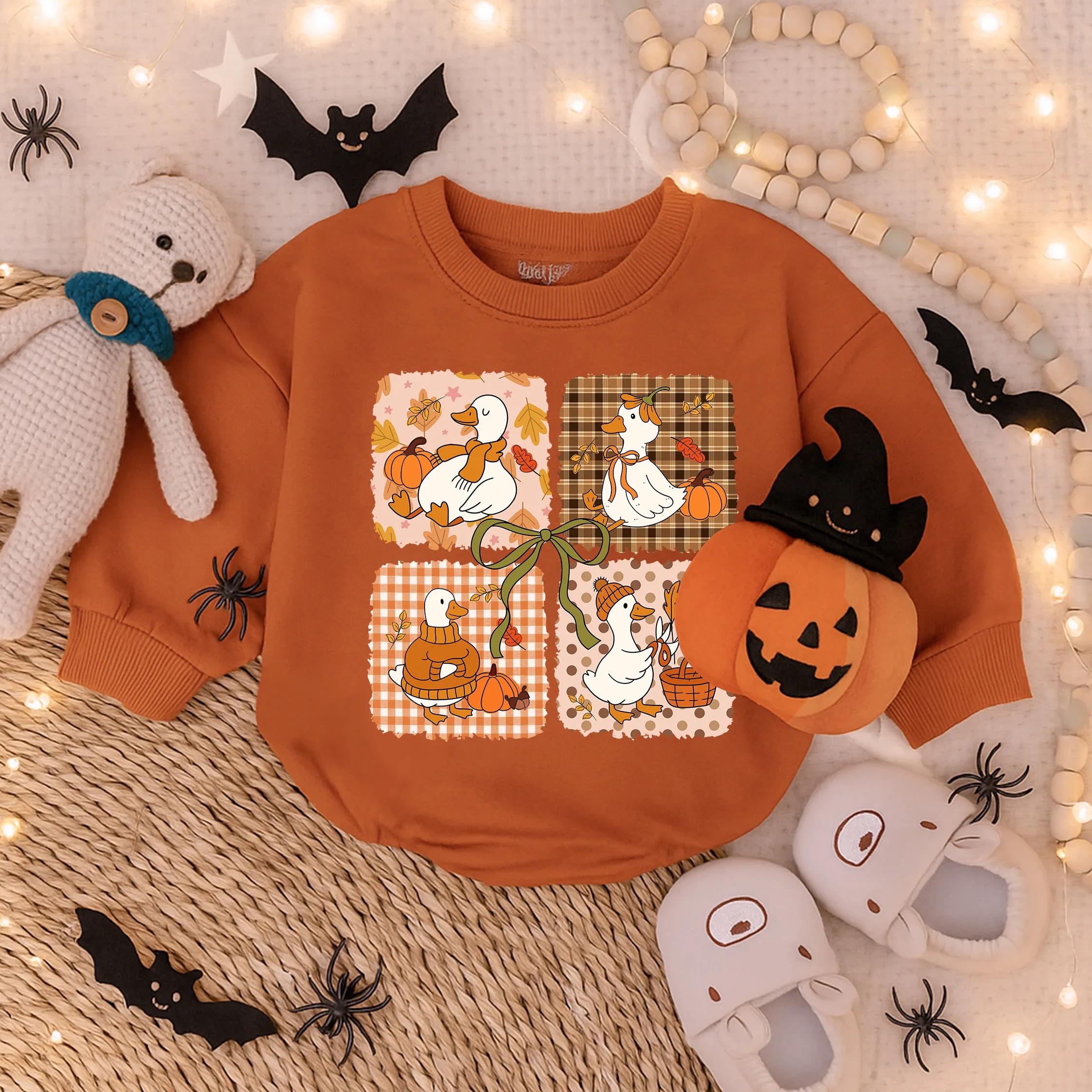 Autumn Baby Romper with Goose and Pumpkins Cozy Plaid Fall Outfit Soft Cotton Toddler Girl Pumpkin Spice Latte Theme Birthday Holiday