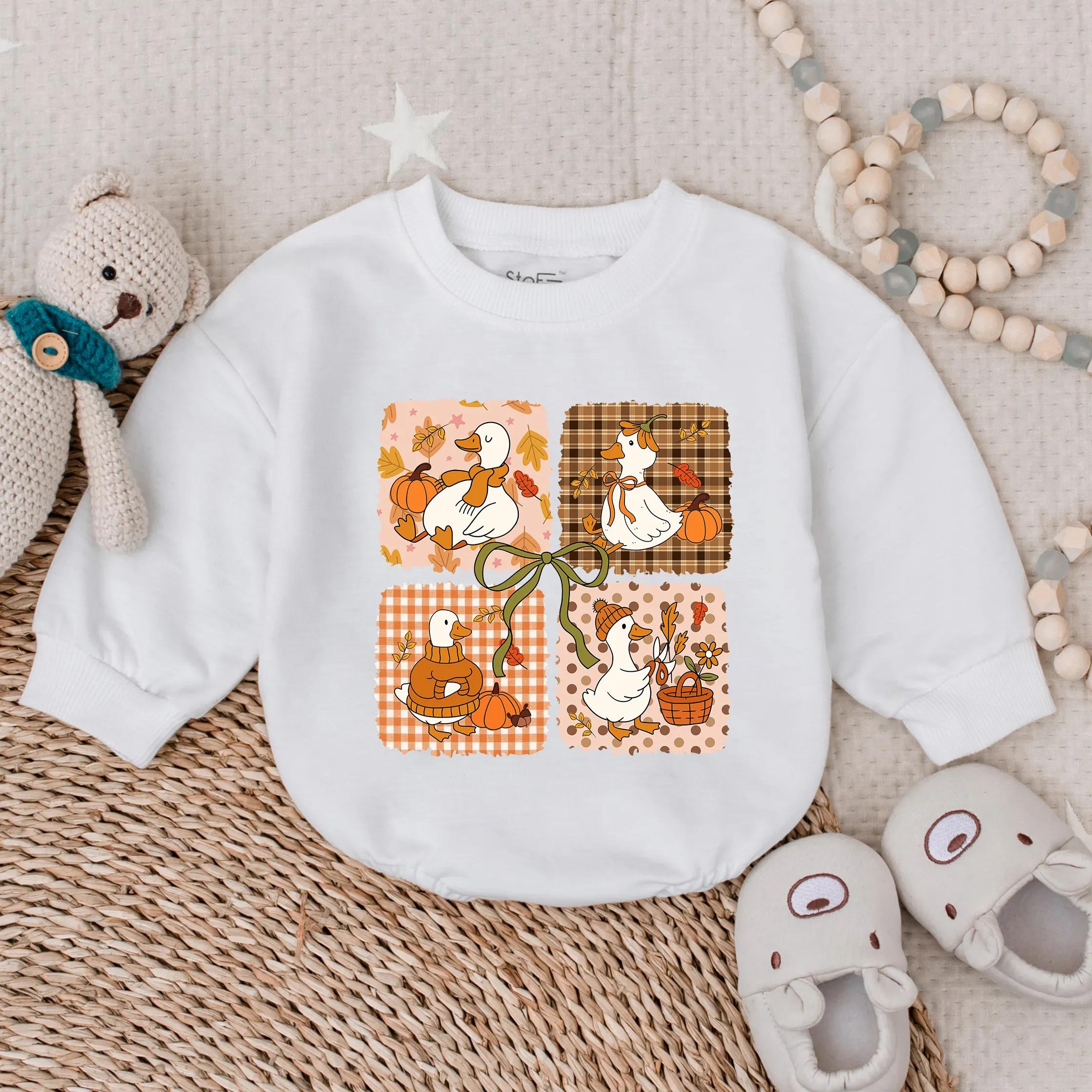 Autumn Baby Romper with Goose and Pumpkins Cozy Plaid Fall Outfit Soft Cotton Toddler Girl Pumpkin Spice Latte Theme Birthday Holiday