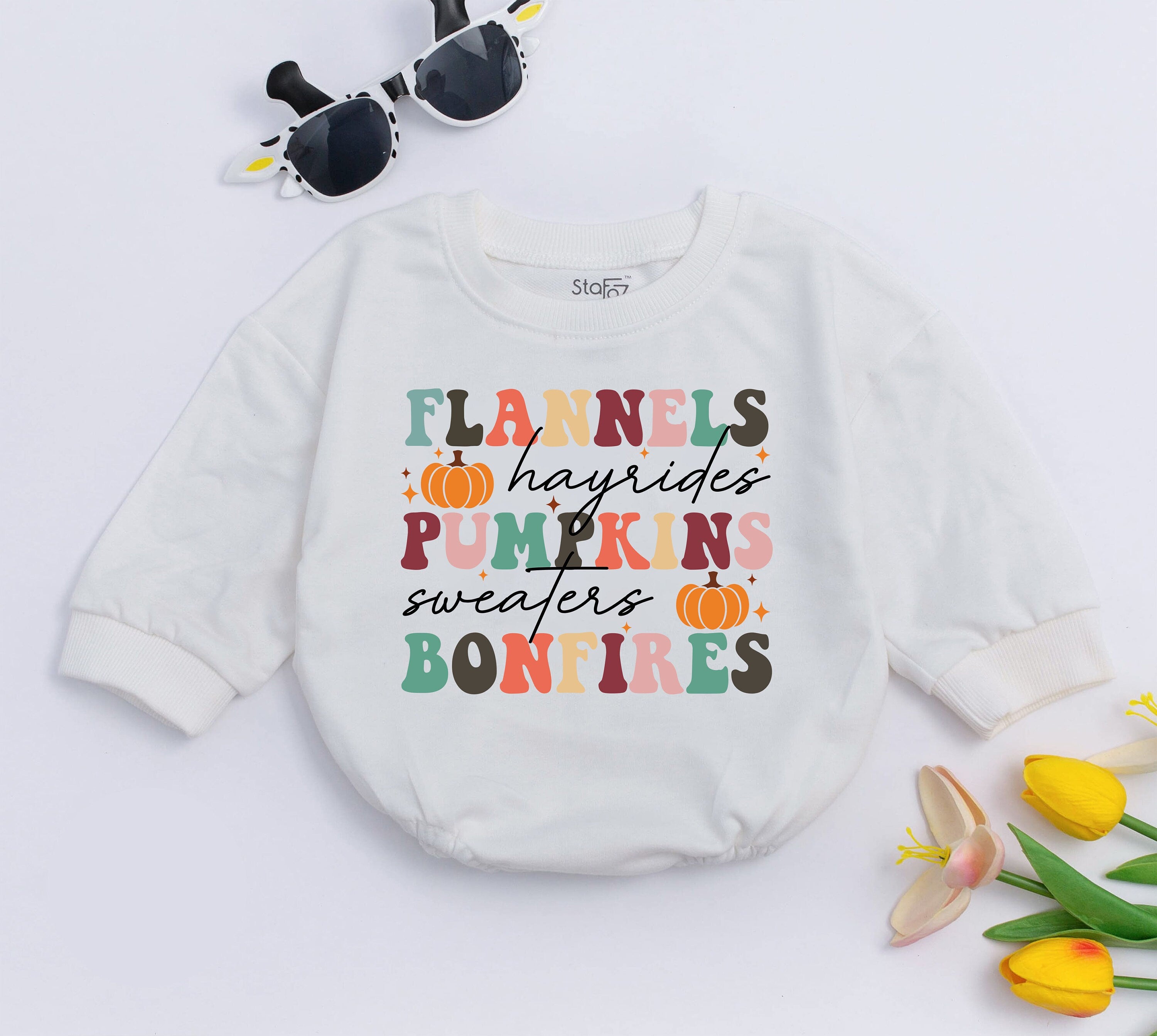Autumn Girl's Romper with Pumpkins Hayrides Bonfires Fall Long Sleeve Baby Outfit Cozy Gift for Baby Shower or Birthday