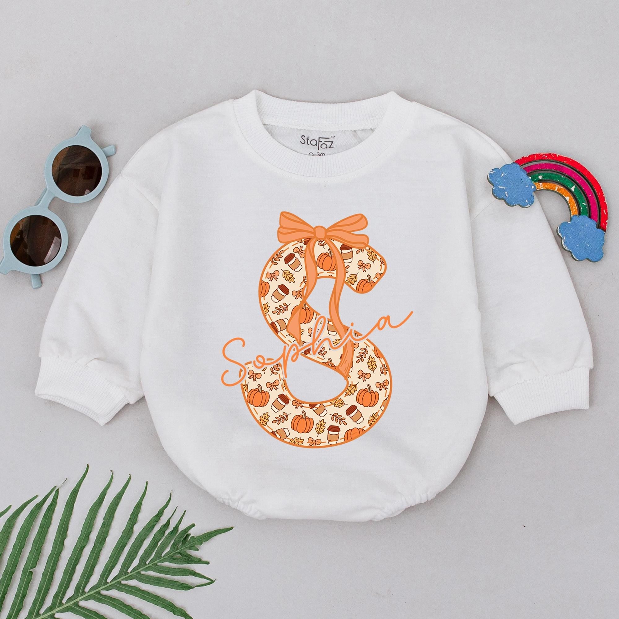 Autumn Initial Pumpkin Romper with Personalized Name, Fall Thanksgiving Toddler Outfit with Bow Graphic, Baby Shower Gift