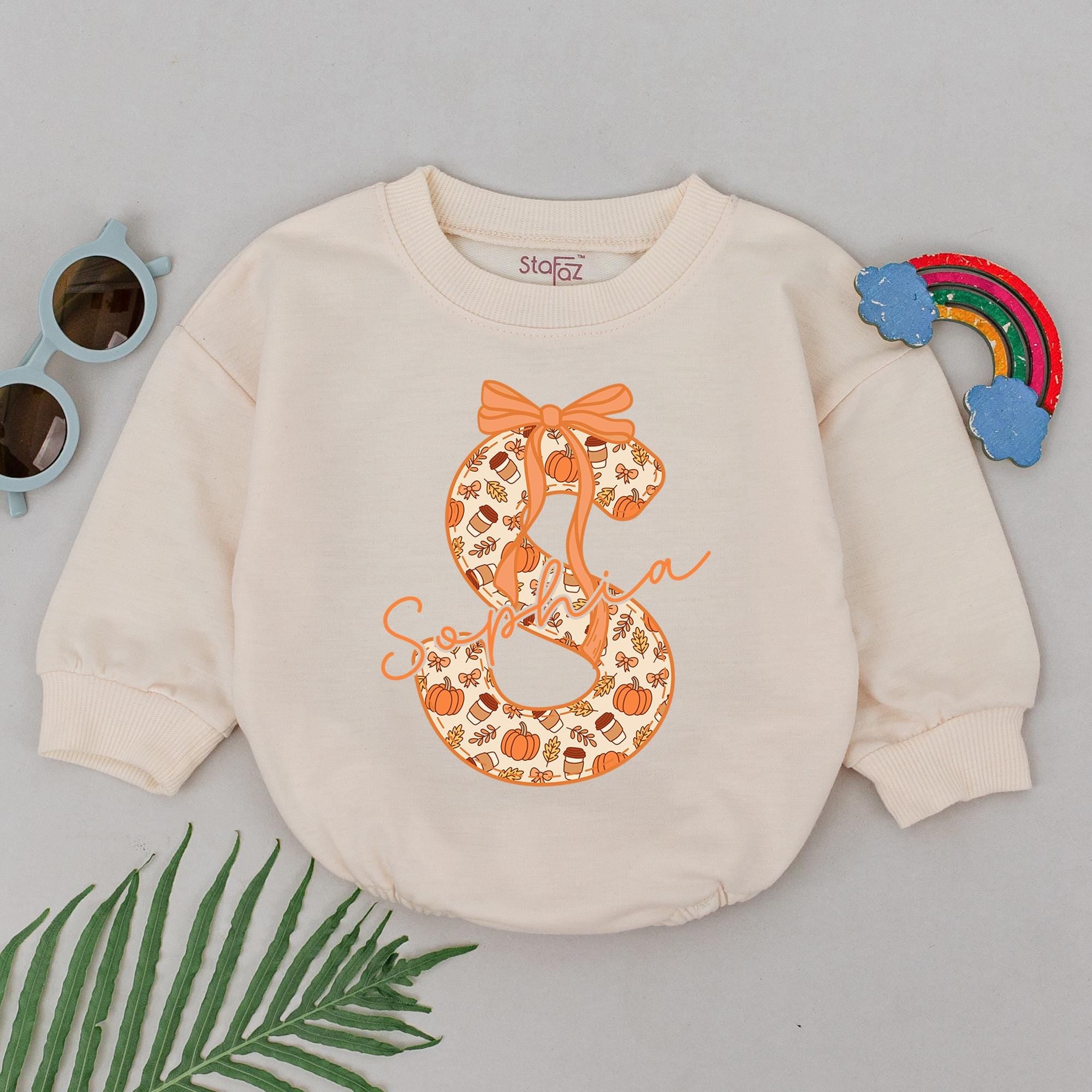 Autumn Initial Pumpkin Romper with Personalized Name, Fall Thanksgiving Toddler Outfit with Bow Graphic, Baby Shower Gift