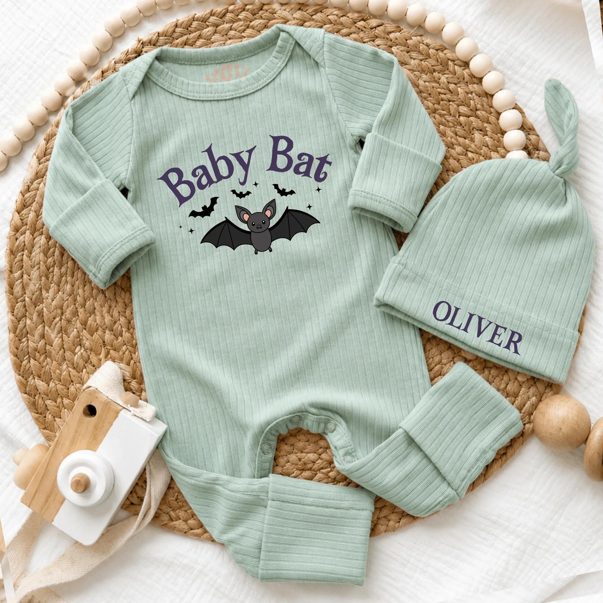 Baby Bat Halloween Bodysuit and Hat Set with Custom Name, Spooky Newborn Coming Home Outfit, Fall Baby Shower Gift