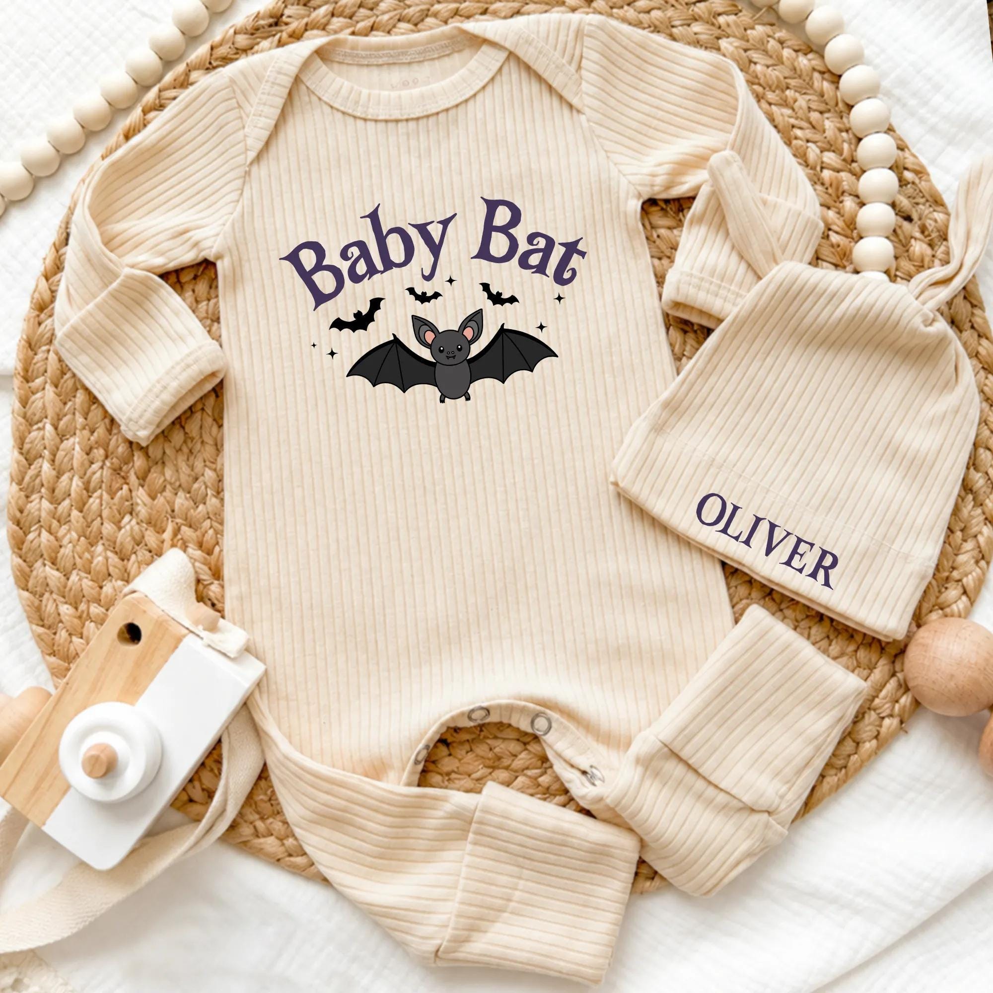 Baby Bat Halloween Bodysuit and Hat Set with Custom Name, Spooky Newborn Coming Home Outfit, Fall Baby Shower Gift