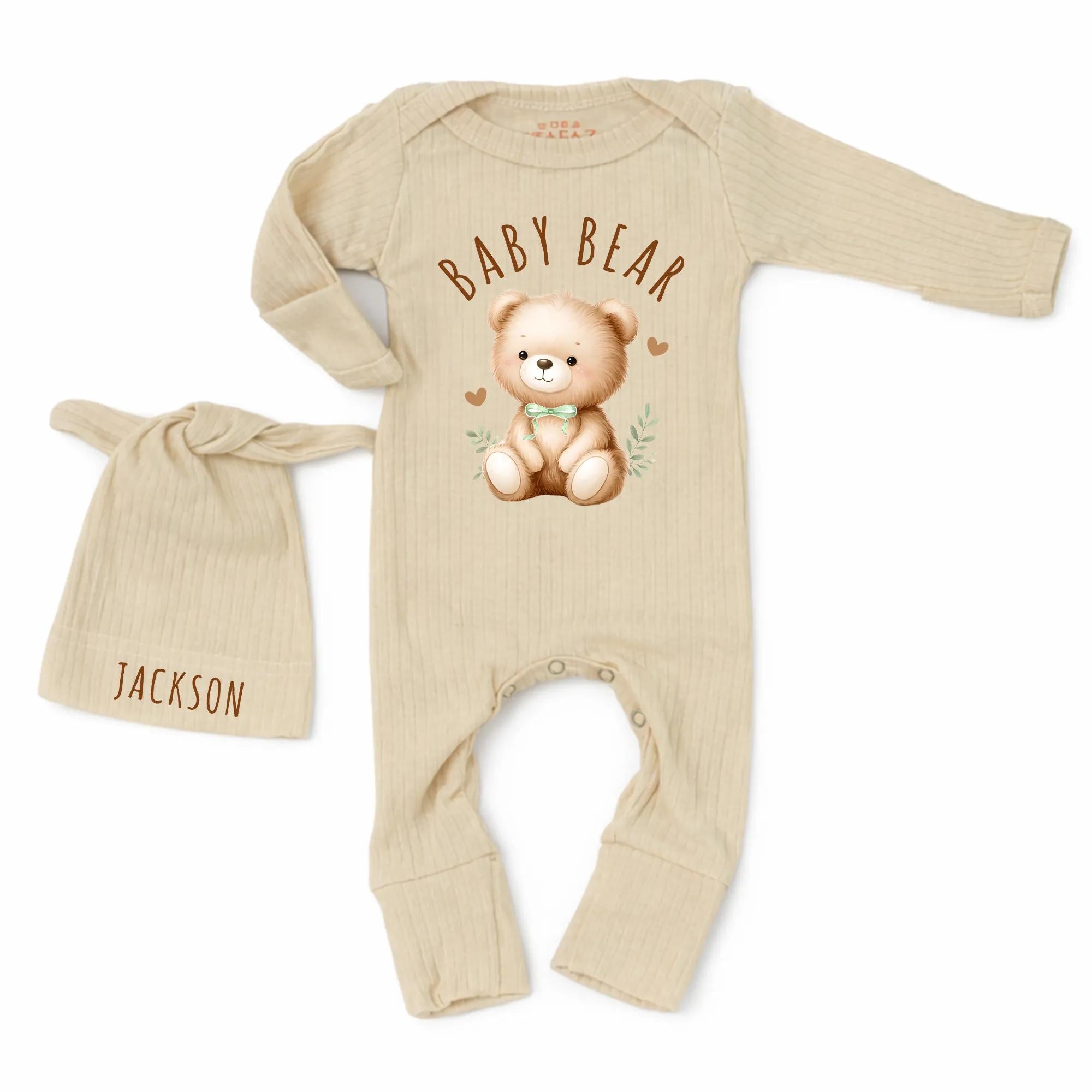 Baby Bear Newborn Bodysuit and Hat Set with Custom Name, Ribbed Cotton Baby Coming Home Outfit in Neutral Pastel Colors