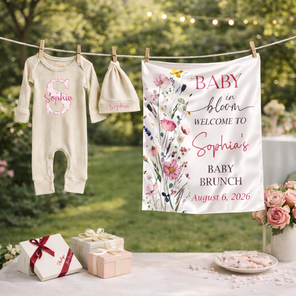Baby in Bloom Floral Silk Banner and Baby Bodysuit with Custom Name Hat, Perfect for Baby Shower and Welcome Party