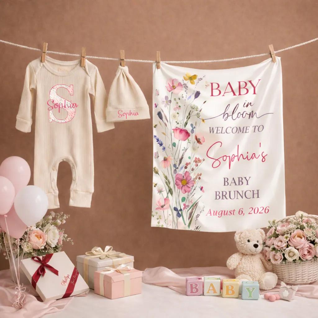 Baby in Bloom Floral Silk Banner and Baby Bodysuit with Custom Name Hat, Perfect for Baby Shower and Welcome Party