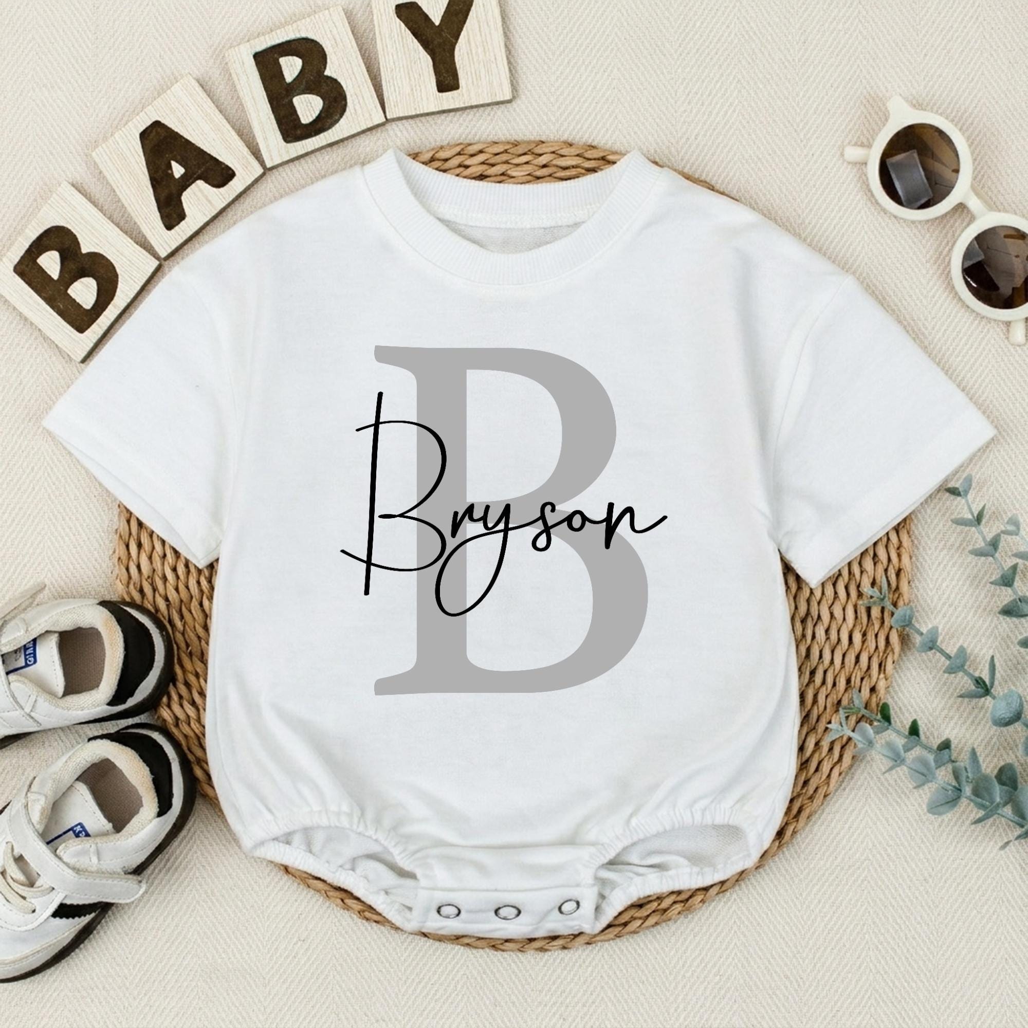 Baby Boy Monogram Romper with Large Initial and Custom Name, Newborn Coming Home Outfit, Baby Shower Gift for Boys