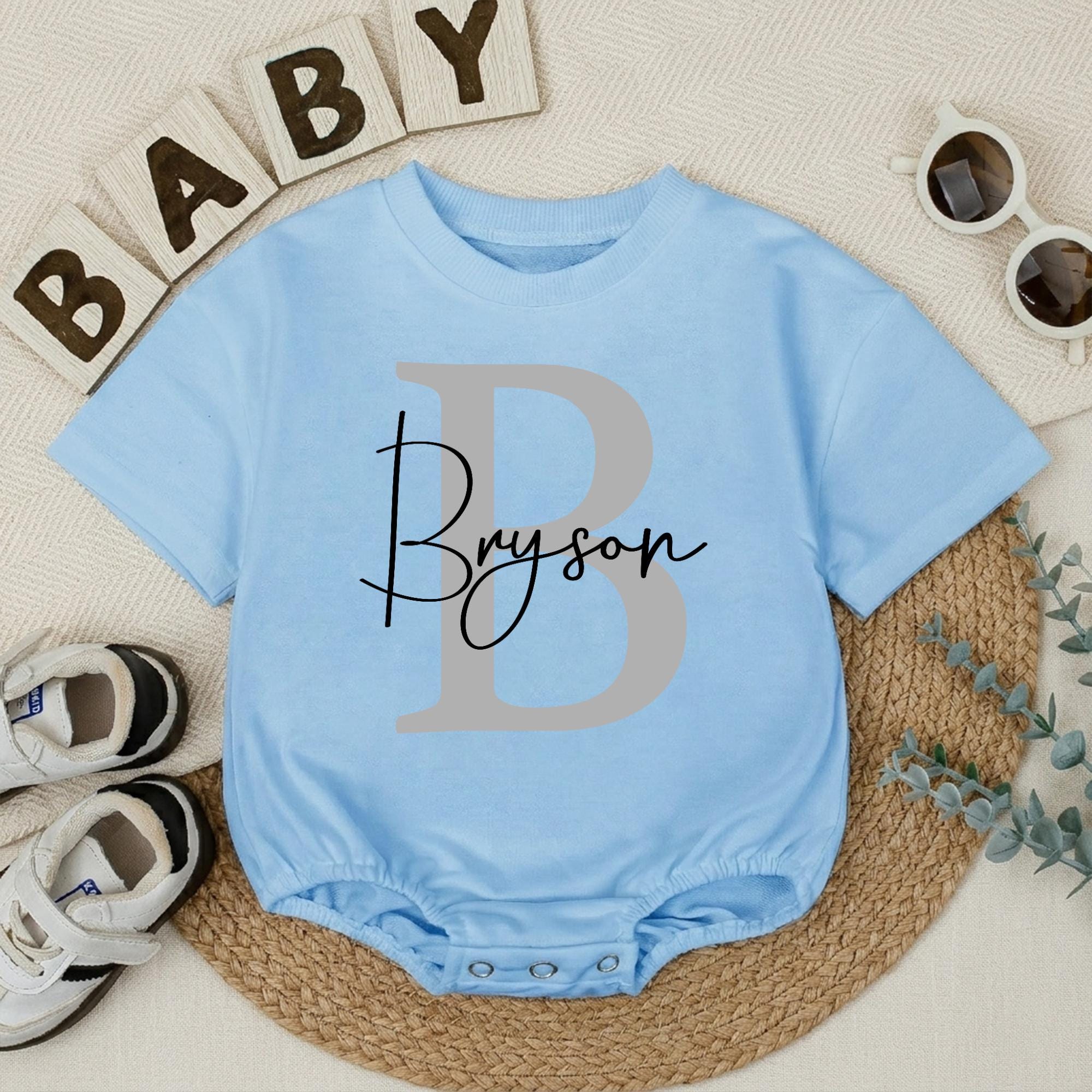 Baby Boy Monogram Romper with Large Initial and Custom Name, Newborn Coming Home Outfit, Baby Shower Gift for Boys