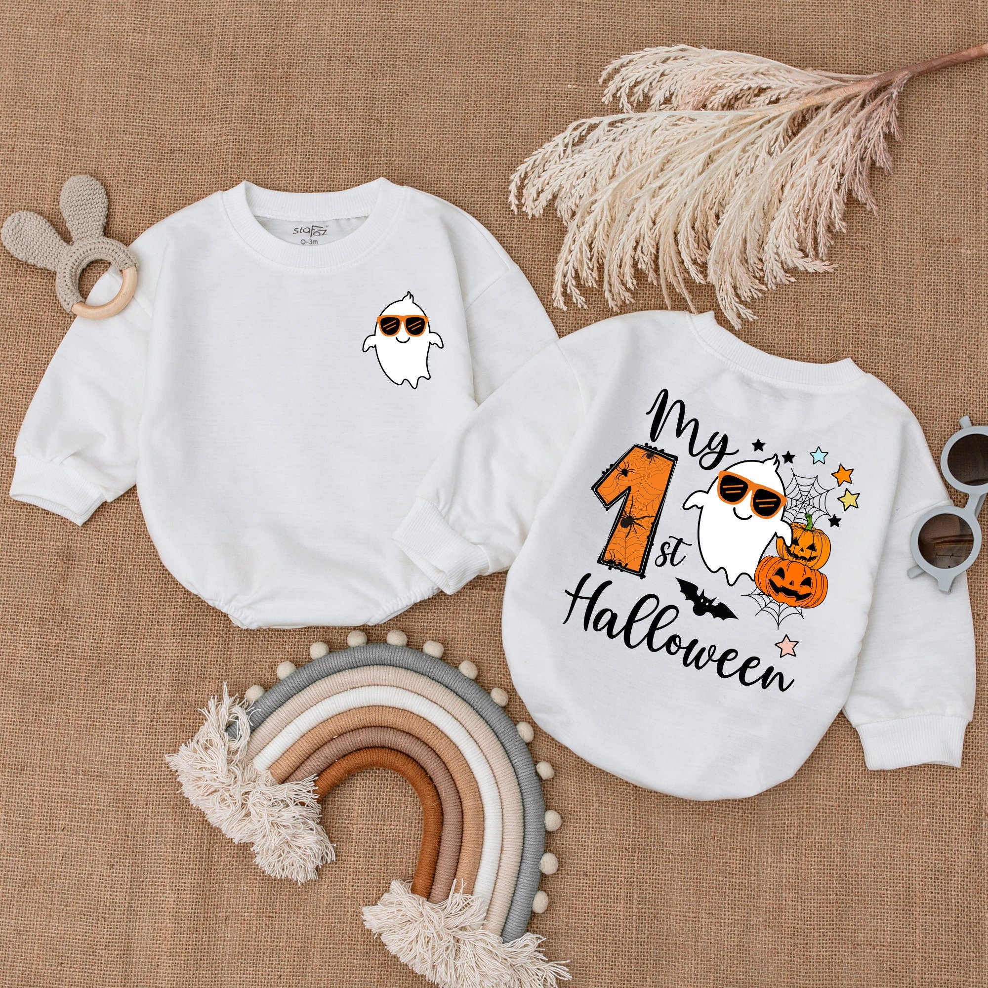 Baby Boy's First Halloween Romper with Cute Ghost Sunglasses Pumpkin Design Soft Cotton Outfit Perfect Holiday Gift
