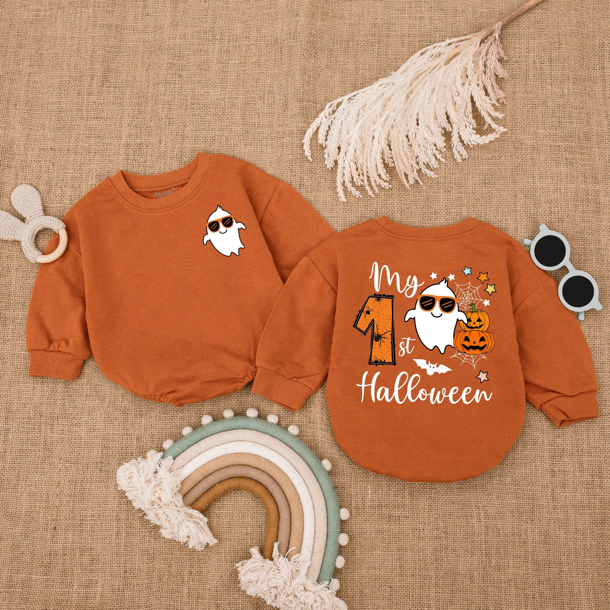 Baby Boy's First Halloween Romper with Cute Ghost Sunglasses Pumpkin Design Soft Cotton Outfit Perfect Holiday Gift