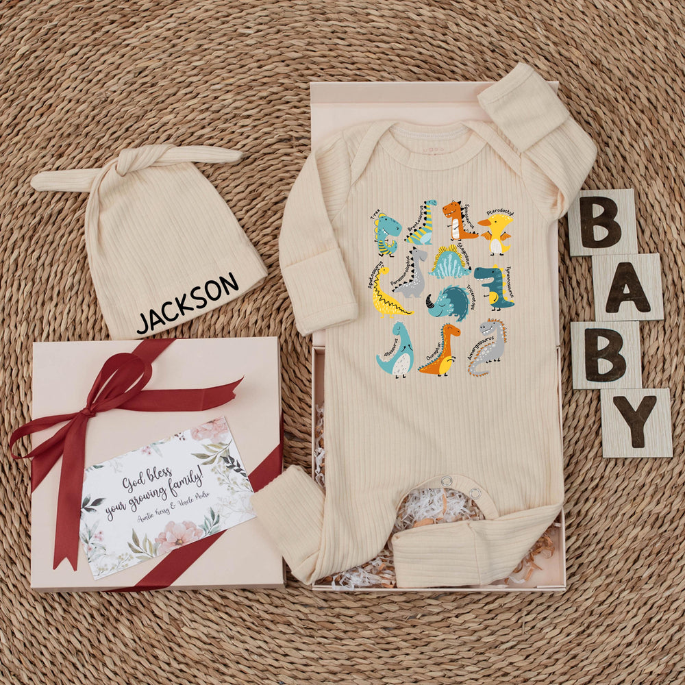 Baby Dinosaurs Bodysuit with Cute T-Rex and Cartoon Dino Design, Soft Cotton Infant Outfit, Custom Baby Shower Gift or Newborn Announcement