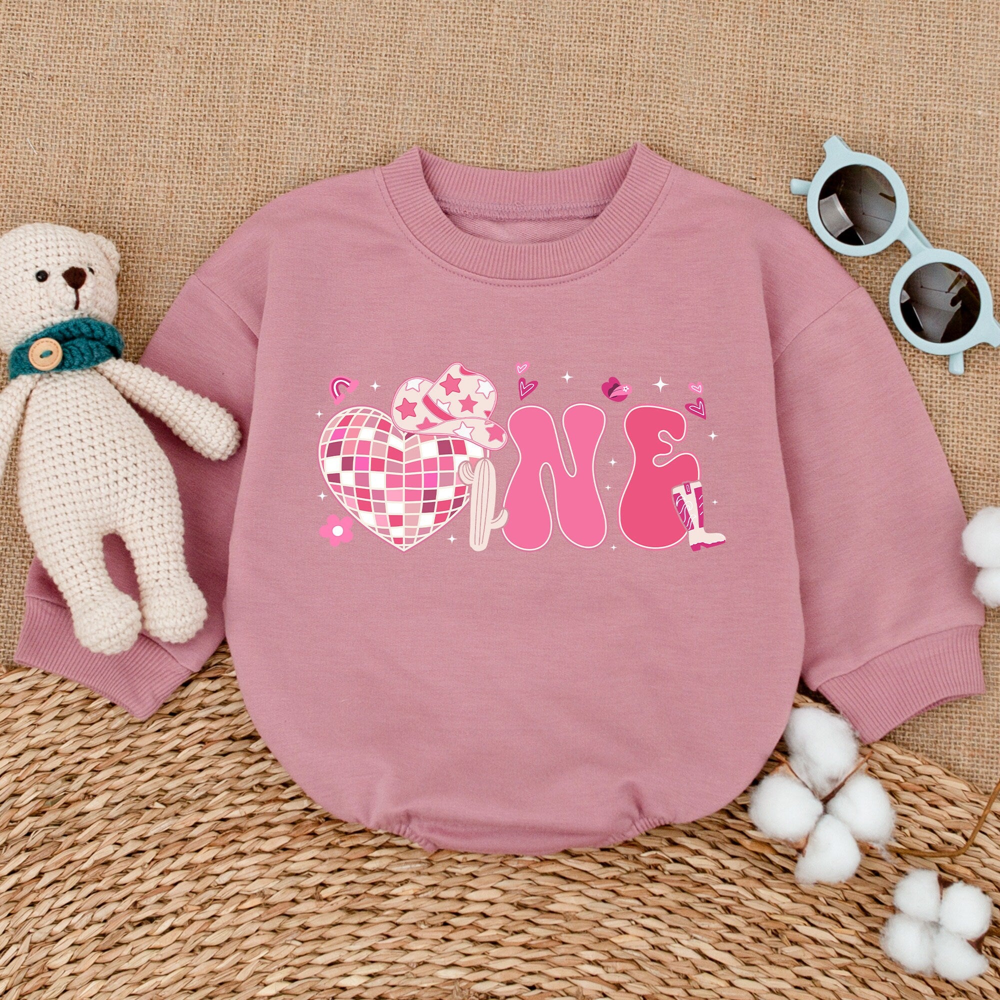 Baby Girl Birthday Romper with Pink ONE Heart Star Design First Rodeo Outfit Infant Western Country Celebration Soft Cotton Bodysuit