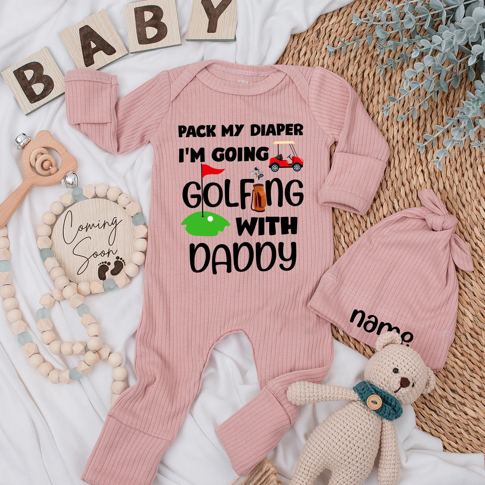 Baby Golf Outfit Set Pack My Diaper I'm Going Golfing with Daddy Fun Newborn Bodysuit and Hat Cute Shower Gift Custom Name Print