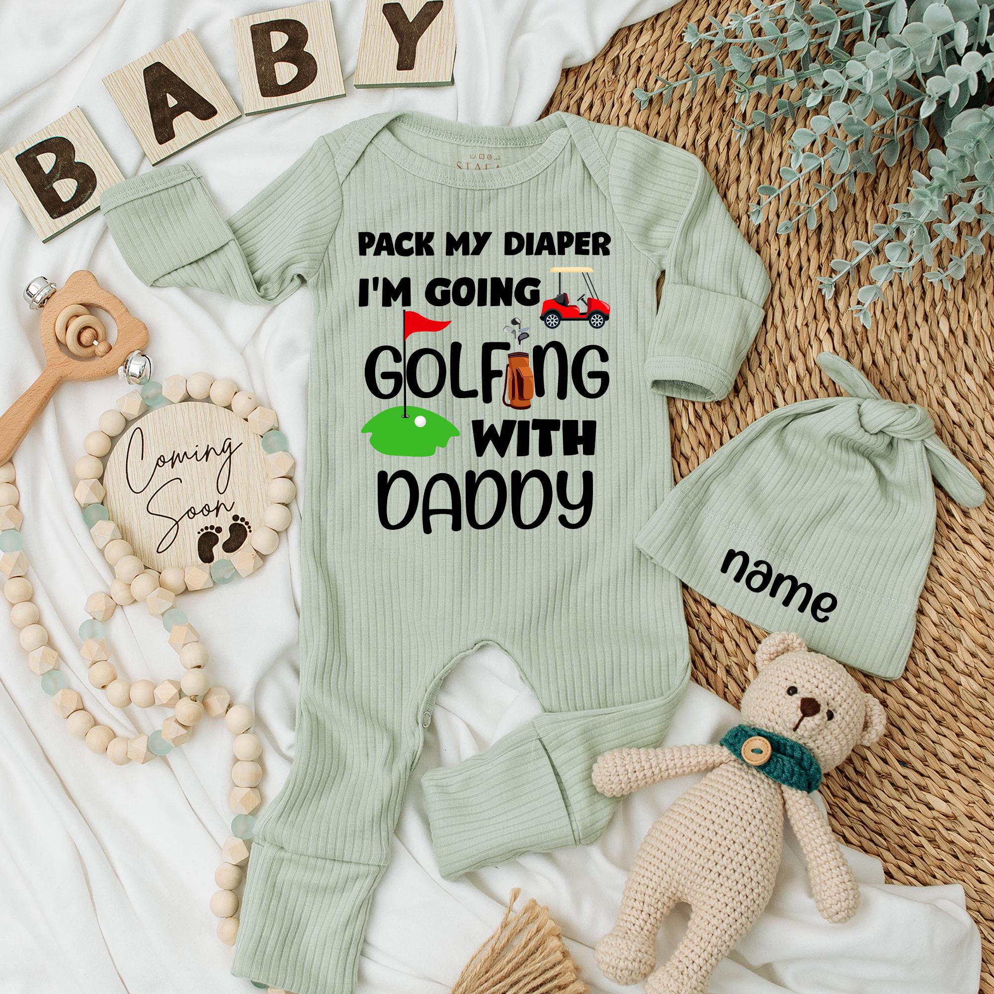 Baby Golf Outfit Set Pack My Diaper I'm Going Golfing with Daddy Fun Newborn Bodysuit and Hat Cute Shower Gift Custom Name Print