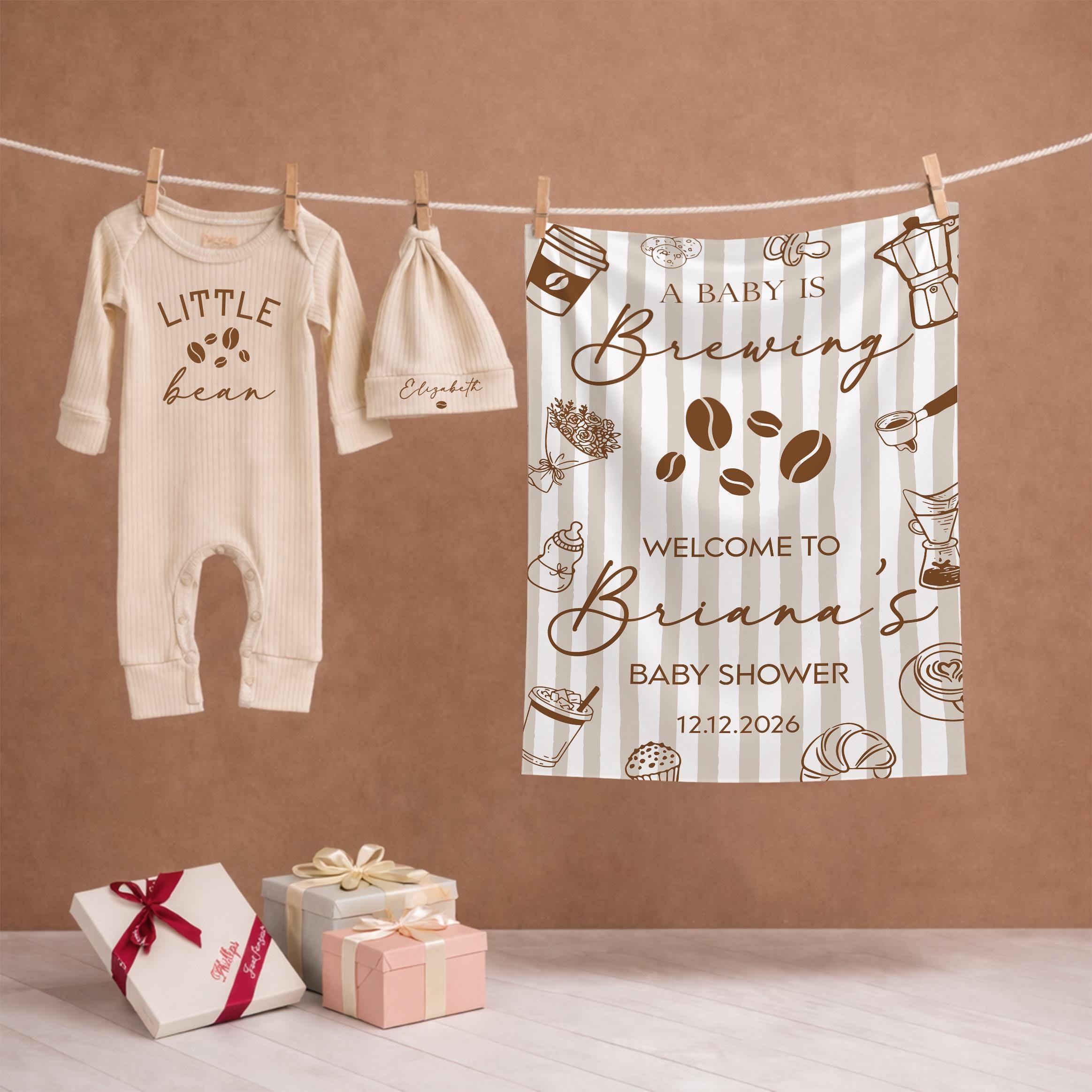 A Baby Is Brewing Silk Banner with Custom Name & Date, Coffee-Themed Baby Shower Decor, Little Bean Bodysuit and Hat Set