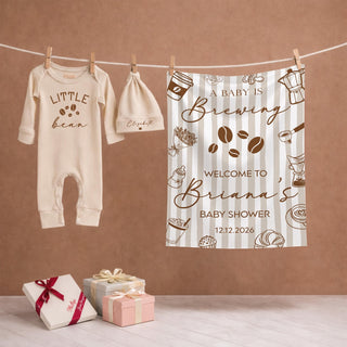 A Baby Is Brewing Silk Banner with Custom Name & Date, Coffee-Themed Baby Shower Decor, Little Bean Bodysuit and Hat Set