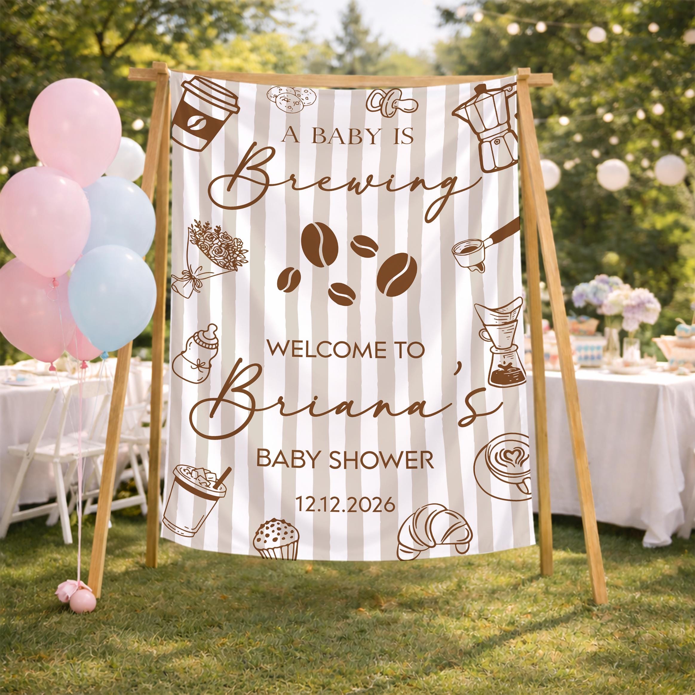 A Baby Is Brewing Silk Banner with Custom Name & Date, Coffee-Themed Baby Shower Decor, Little Bean Bodysuit and Hat Set