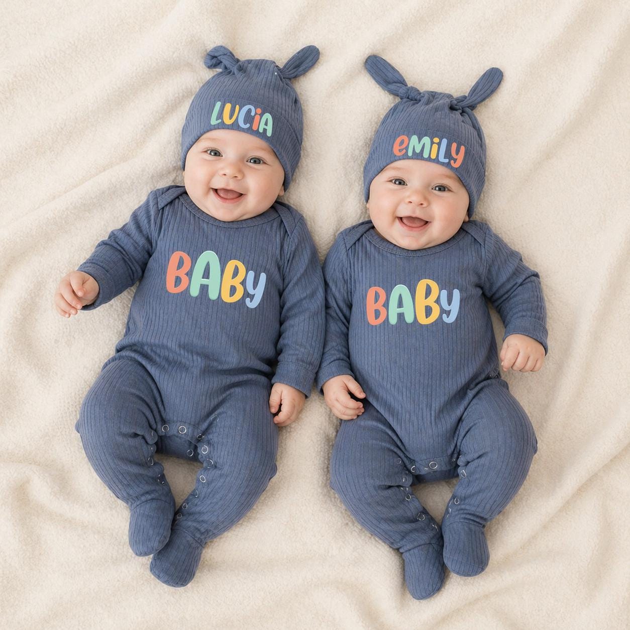 BABY Rainbow Letter Twin Rompers with Matching Name Hats, Neutral Newborn Coming Home Outfit for Twins