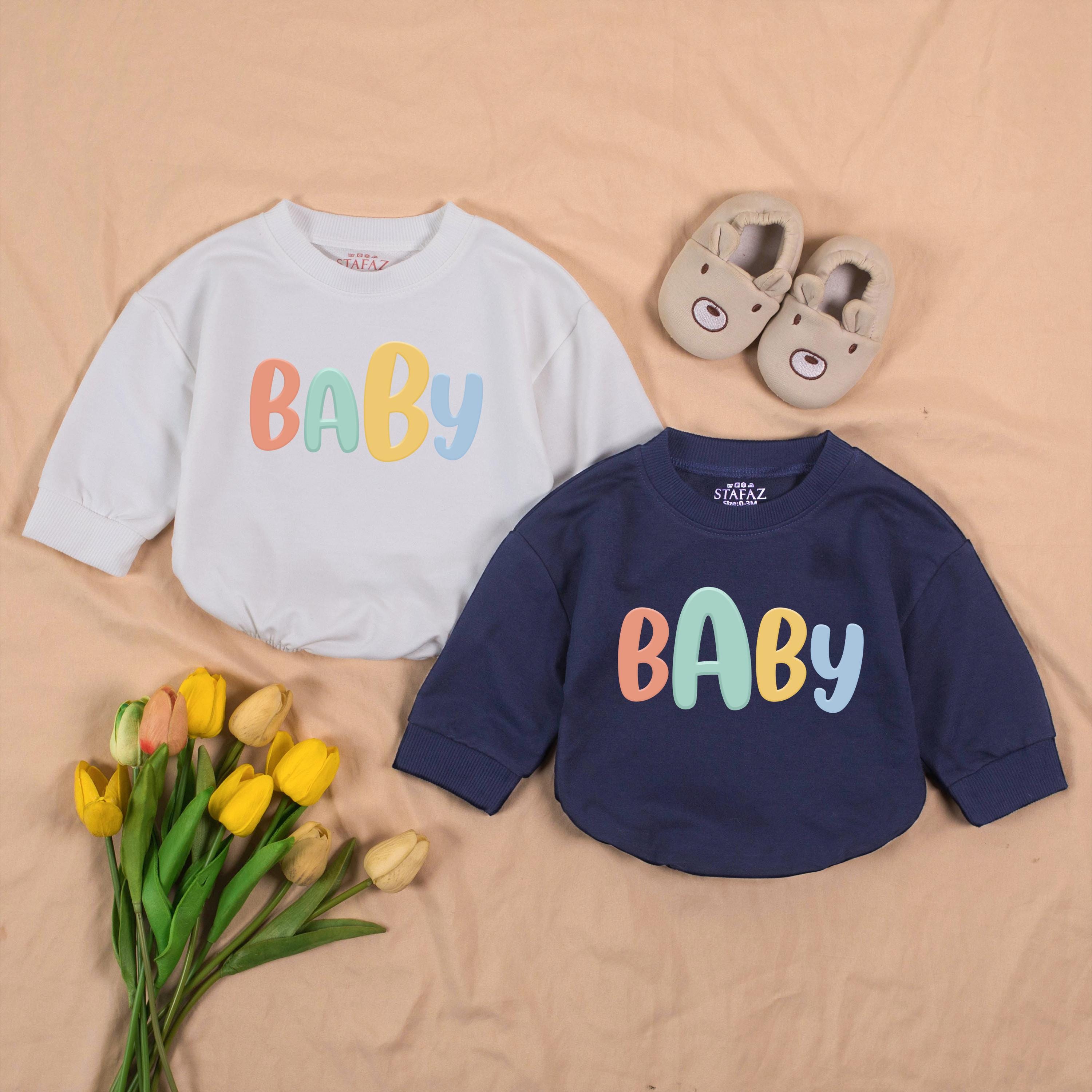 BABY Rainbow Letter Twin Rompers with Matching Name Hats, Neutral Newborn Coming Home Outfit for Twins