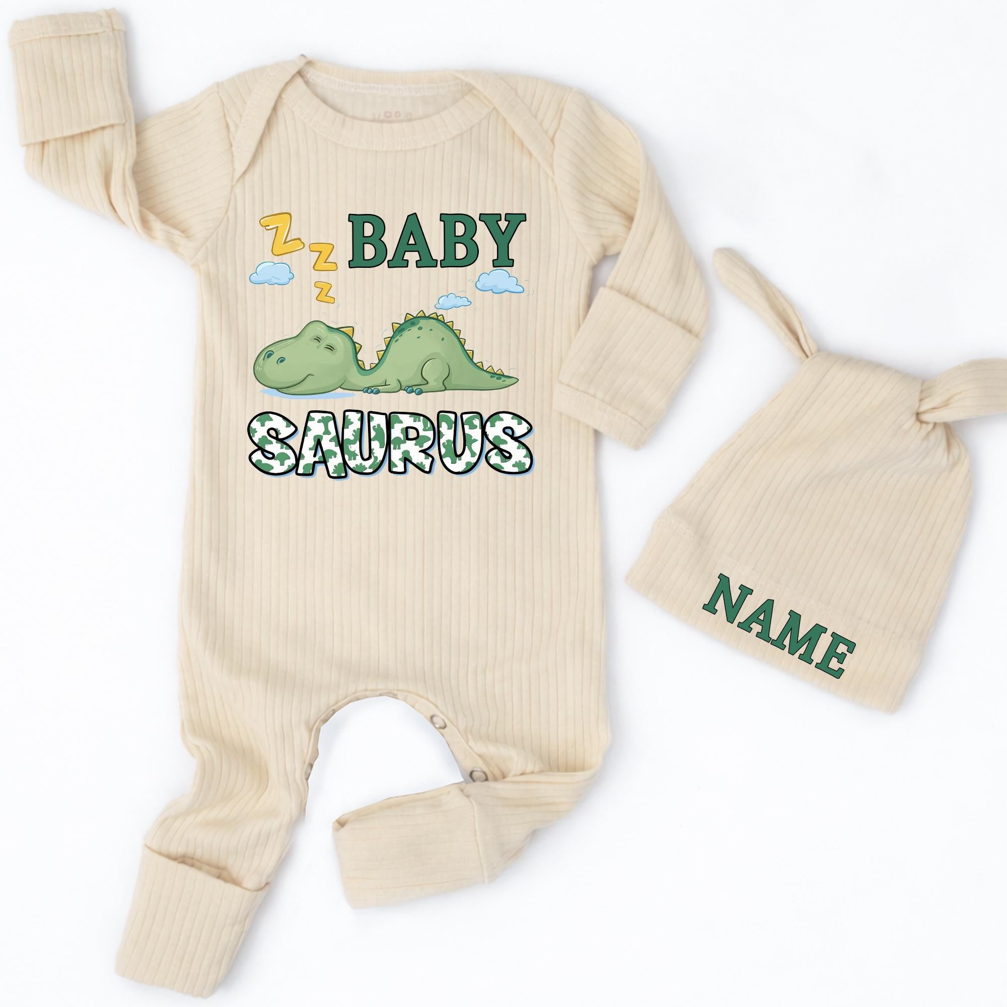 Baby Saurus Newborn Romper with Sleeping Dino Artwork and Custom Name Hat, Cute Baby Shower Gift or Coming Home Outfit