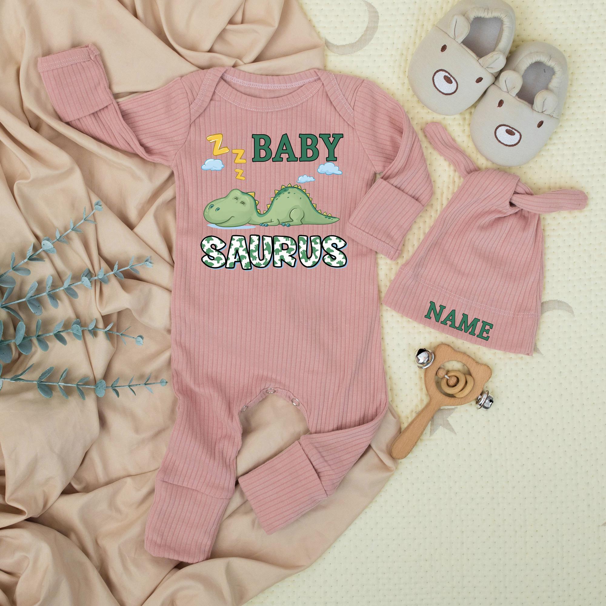 Baby Saurus Newborn Romper with Sleeping Dino Artwork and Custom Name Hat, Cute Baby Shower Gift or Coming Home Outfit