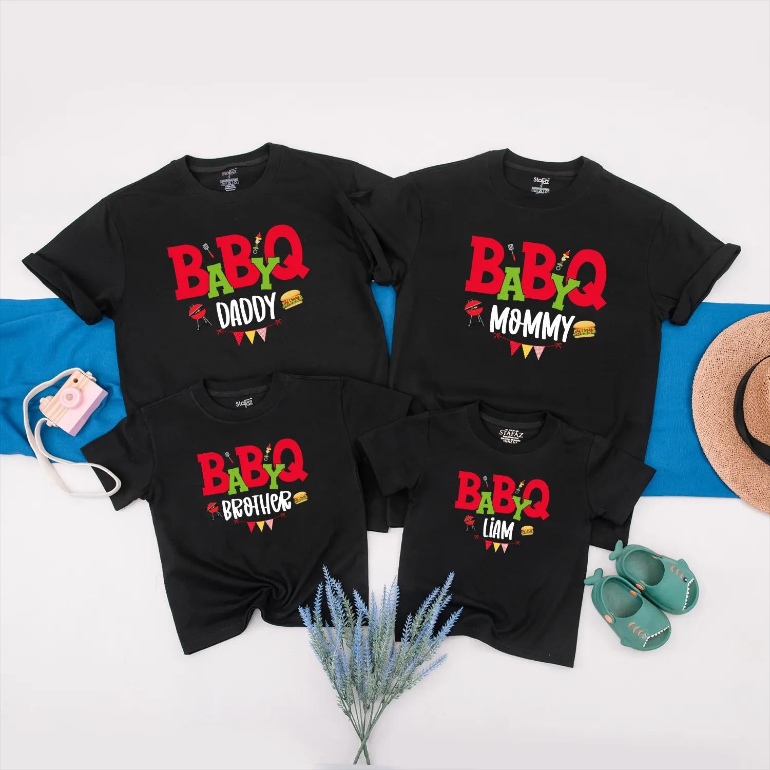BABYQ Family Matching Shirts with Custom Names Festive BBQ Party Outfit Fun Cookout Clothes Personalized Gift Idea for Baby Shower