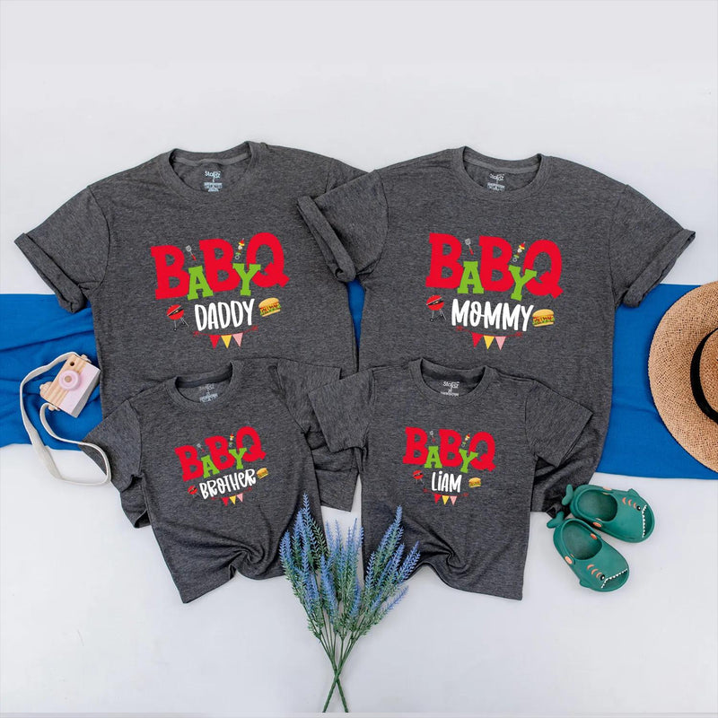 BABYQ Family Matching Shirts with Custom Names Festive BBQ Party Outfit Fun Cookout Clothes Personalized Gift Idea for Baby Shower