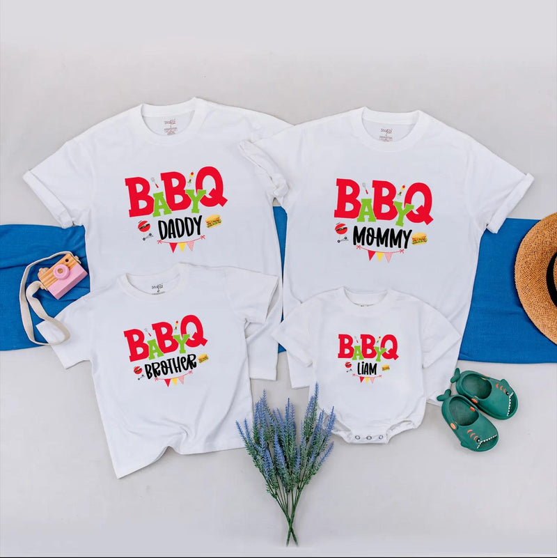 BABYQ Family Matching Shirts with Custom Names Festive BBQ Party Outfit Fun Cookout Clothes Personalized Gift Idea for Baby Shower