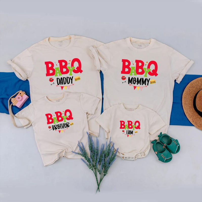 BABYQ Family Matching Shirts with Custom Names Festive BBQ Party Outfit Fun Cookout Clothes Personalized Gift Idea for Baby Shower