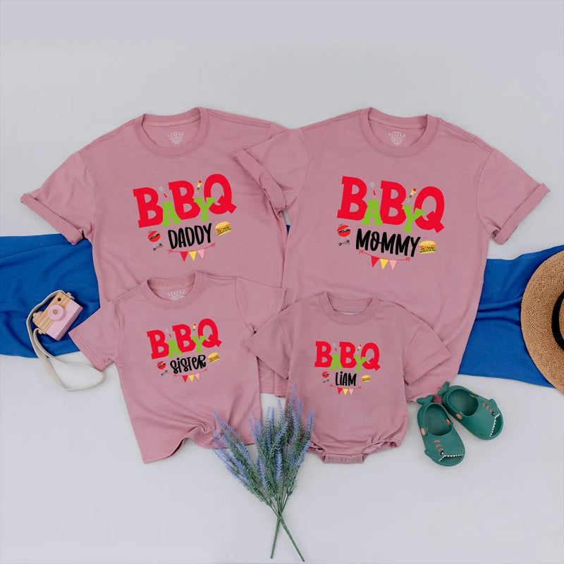 BABYQ Family Matching Shirts with Custom Names Festive BBQ Party Outfit Fun Cookout Clothes Personalized Gift Idea for Baby Shower