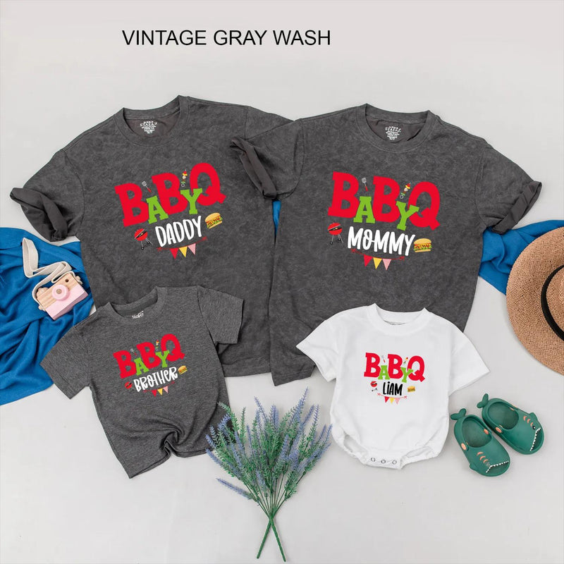 BABYQ Family Matching Shirts with Custom Names Festive BBQ Party Outfit Fun Cookout Clothes Personalized Gift Idea for Baby Shower