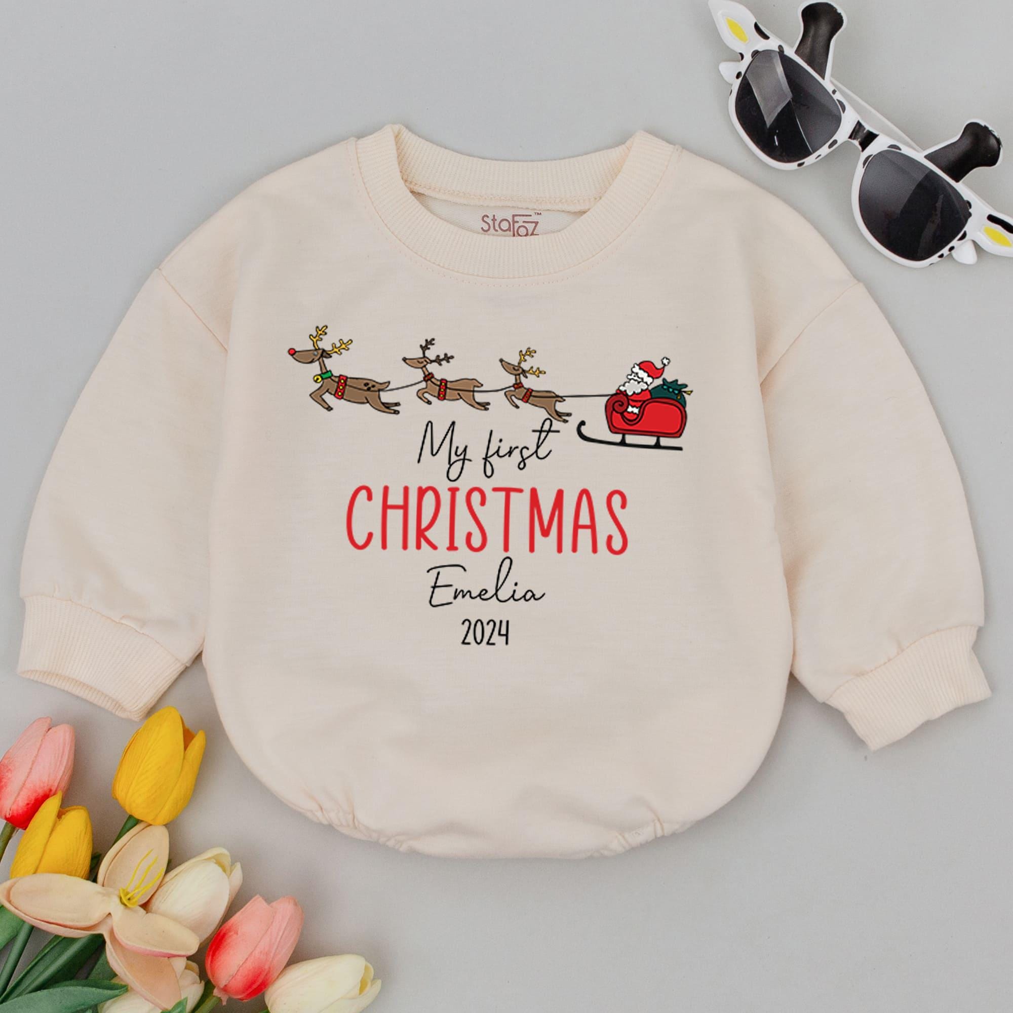 Baby's First Christmas Romper with Santa and Reindeer Holiday Outfit Personalized Infant Gift Soft Cotton Red Sleigh 2024 Keepsake