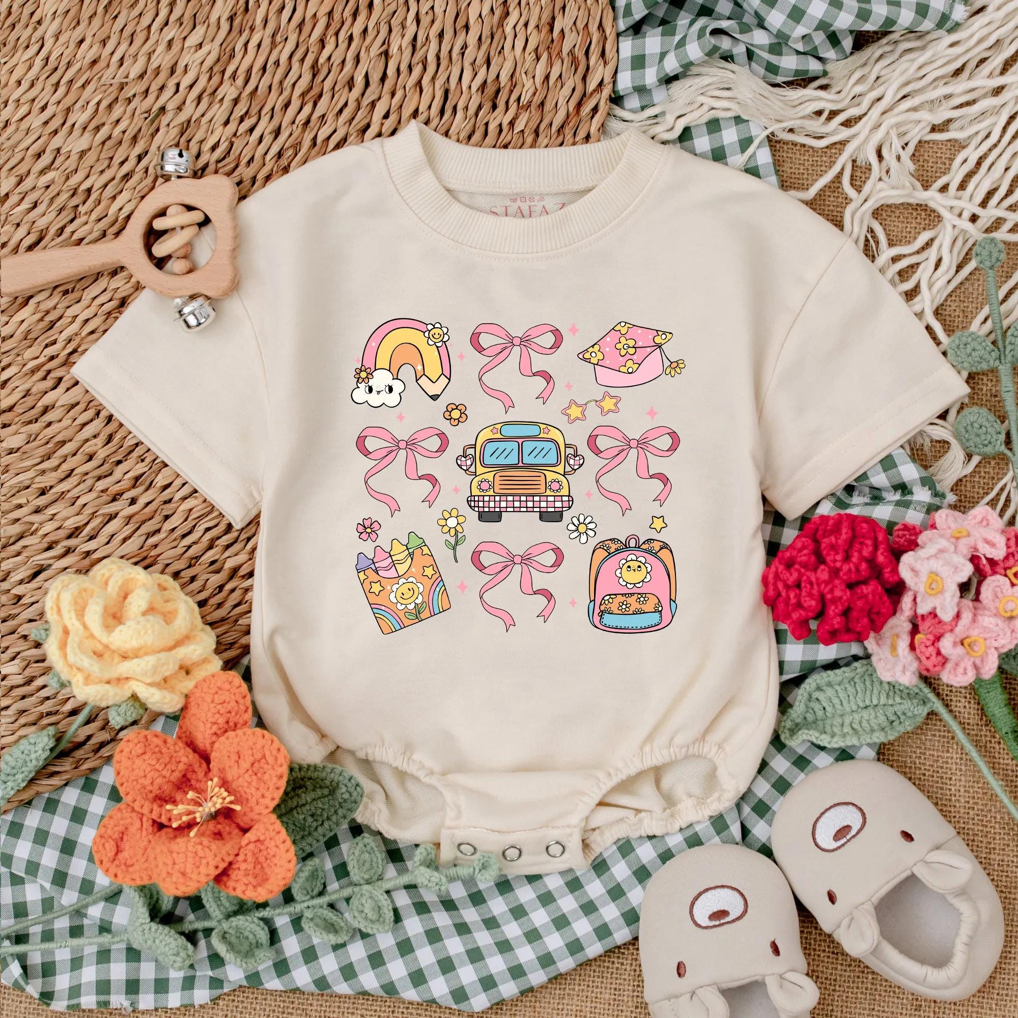 Back to School Baby Girl Romper Rainbow Smiling Cloud Preschool First Day Cute Outfit Gift Vibrant Cotton Pink Bows Stars Design