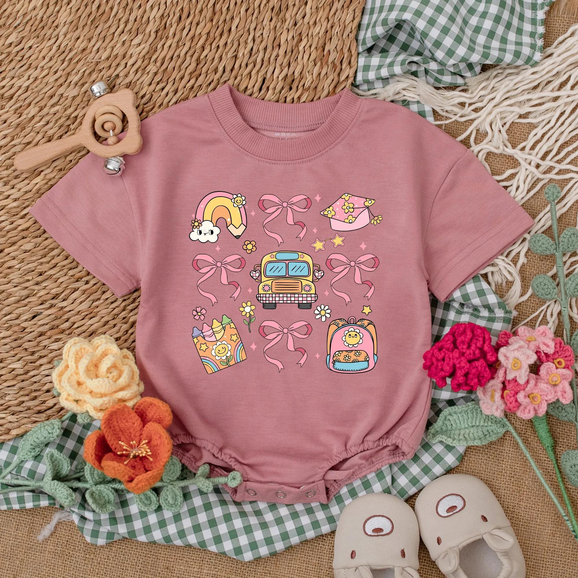 Back to School Baby Girl Romper Rainbow Smiling Cloud Preschool First Day Cute Outfit Gift Vibrant Cotton Pink Bows Stars Design