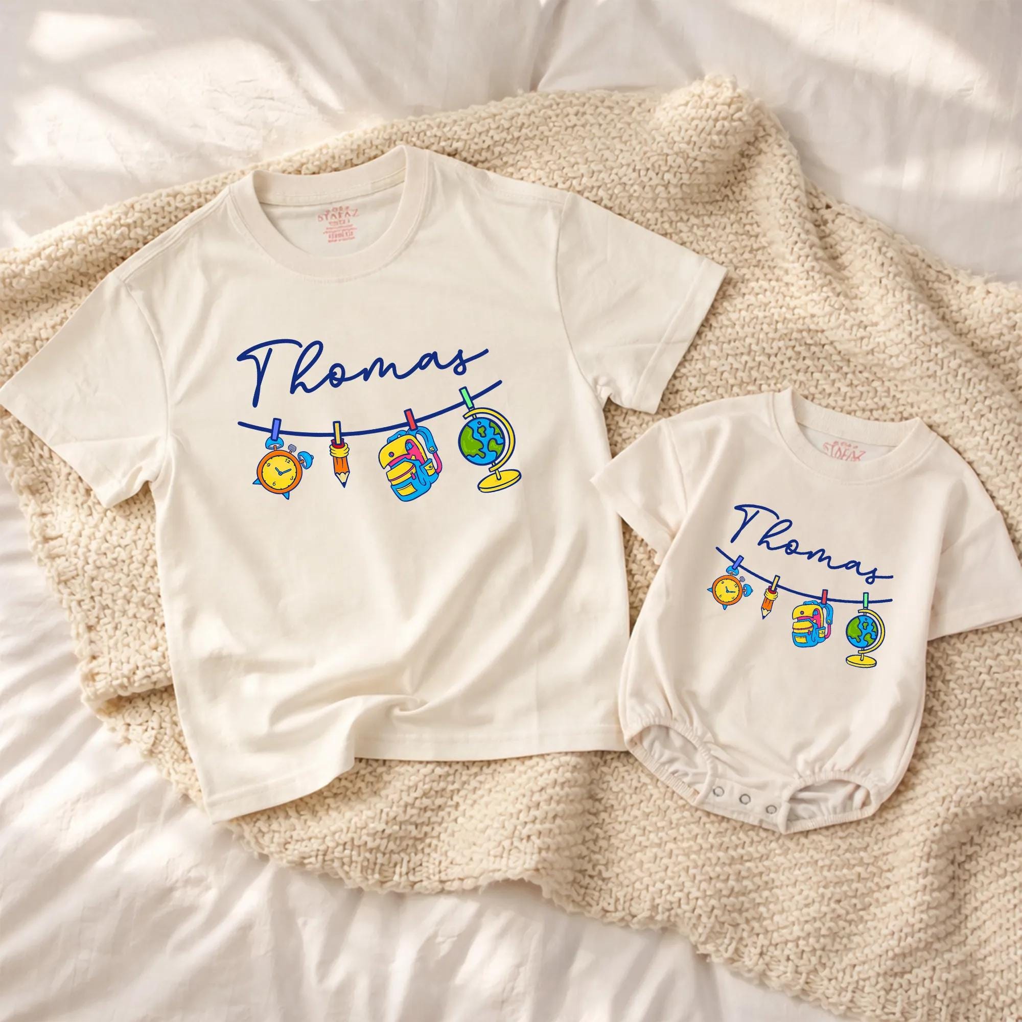 Back-to-School Matching Family Shirts with Colorful School Supplies Artwork and Custom Name, Baby Romper and Toddler Shirt Set