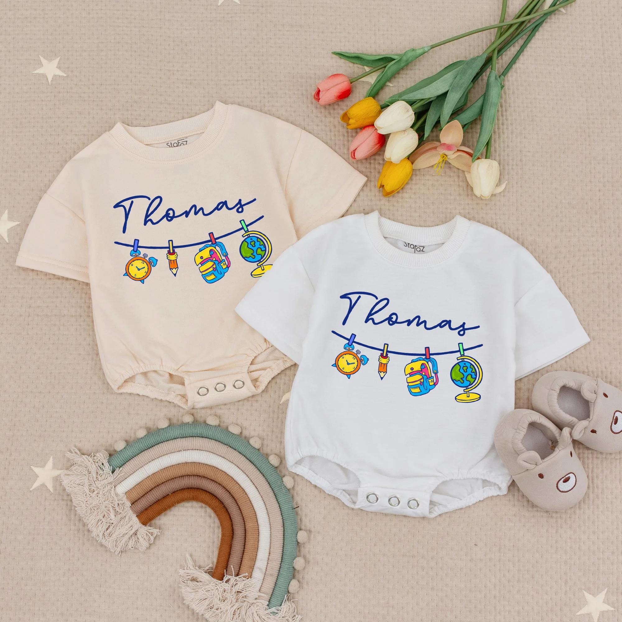 Back-to-School Matching Family Shirts with Colorful School Supplies Artwork and Custom Name, Baby Romper and Toddler Shirt Set