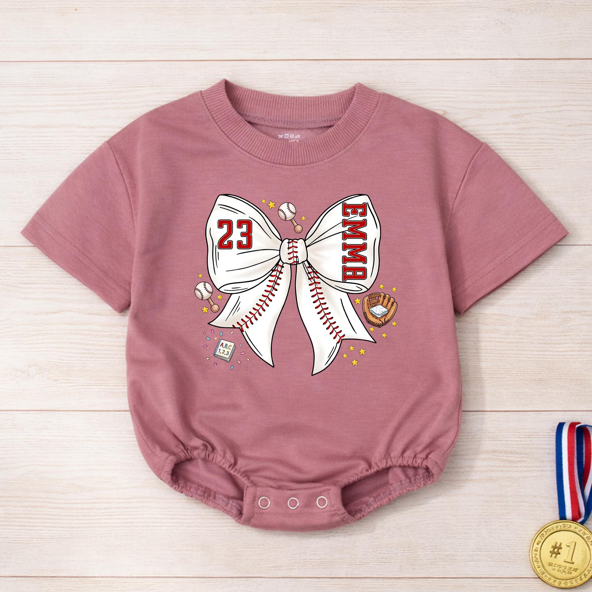 Baseball Bow Baby Girl Romper with Custom Name & Jersey Number, Game Day Outfit for Toddlers, Soft Cotton Bubble Romper