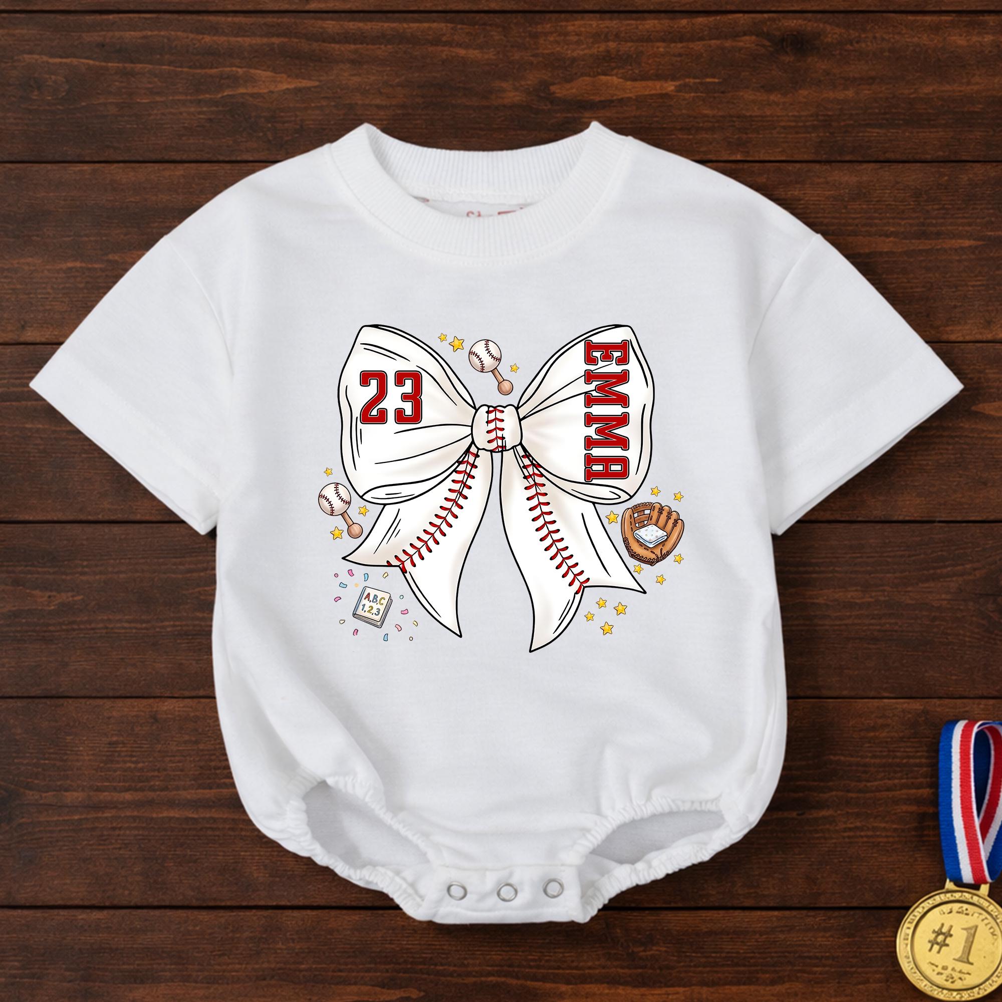 Baseball Bow Baby Girl Romper with Custom Name & Jersey Number, Game Day Outfit for Toddlers, Soft Cotton Bubble Romper