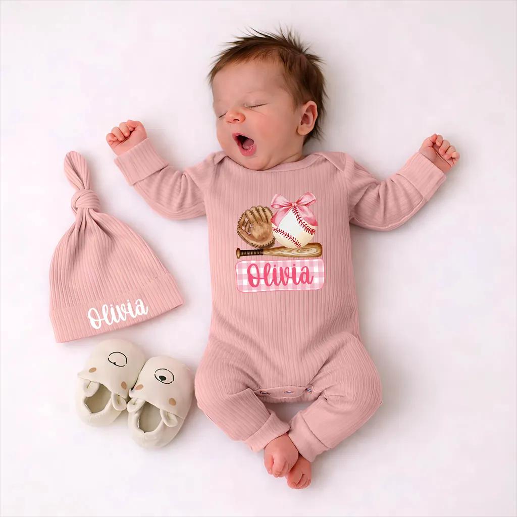 Baseball Glove & Bat Baby Girl Bodysuit with Custom Name and Hat Set, Ribbed Newborn Coming Home Outfit, Baby Shower Gift Idea