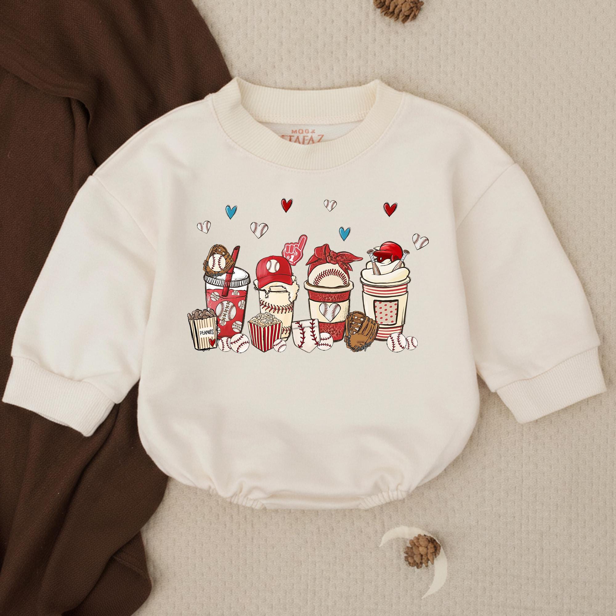 Baseball Snacks Baby Bubble Romper with Cute Popcorn and Soda Graphic, Short Sleeve Infant Outfit for Game Day or Baby Shower Gift
