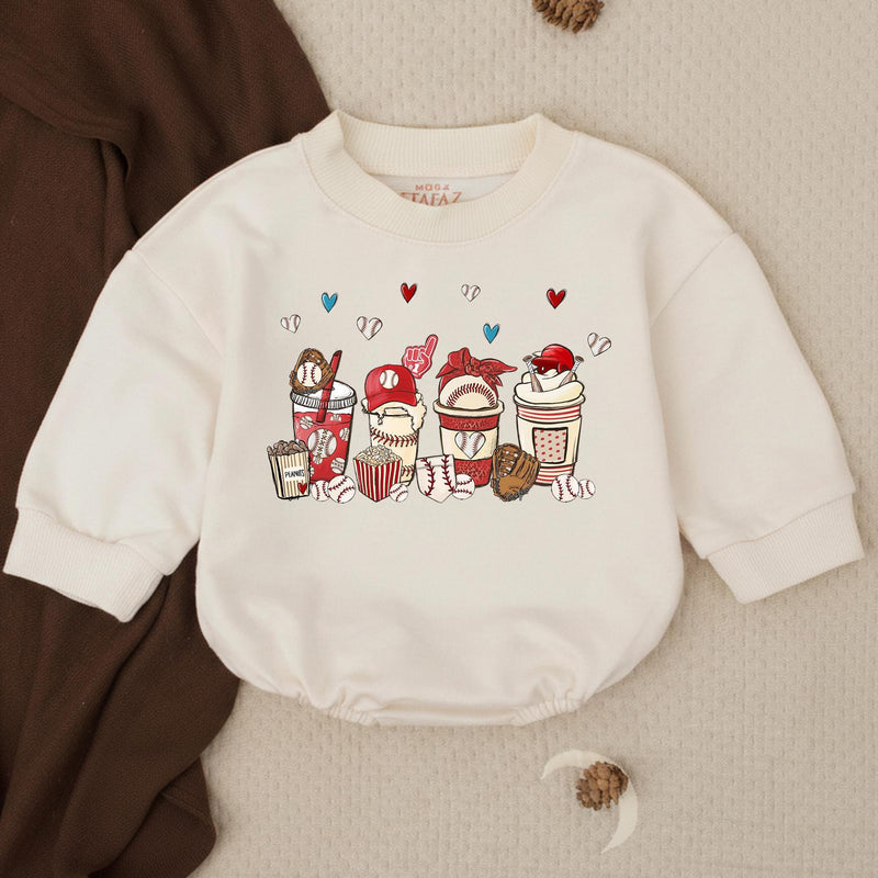 Baseball Snacks Baby Bubble Romper with Cute Popcorn and Soda Graphic, Short Sleeve Infant Outfit for Game Day or Baby Shower Gift