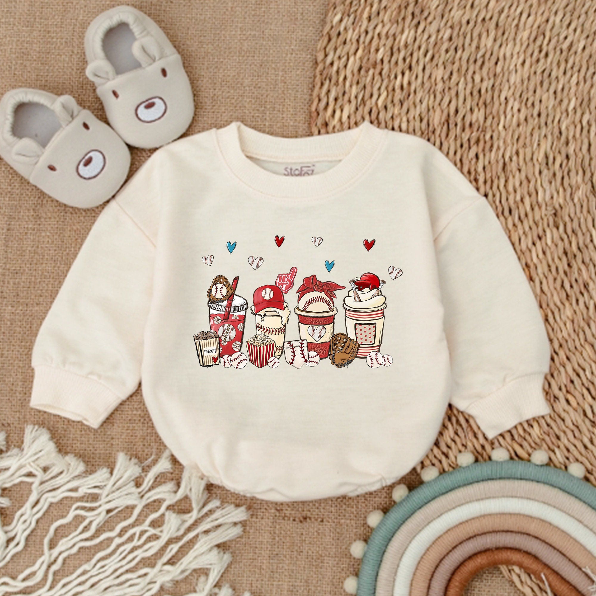 Baseball Snacks Baby Bubble Romper with Cute Popcorn and Soda Graphic, Short Sleeve Infant Outfit for Game Day or Baby Shower Gift